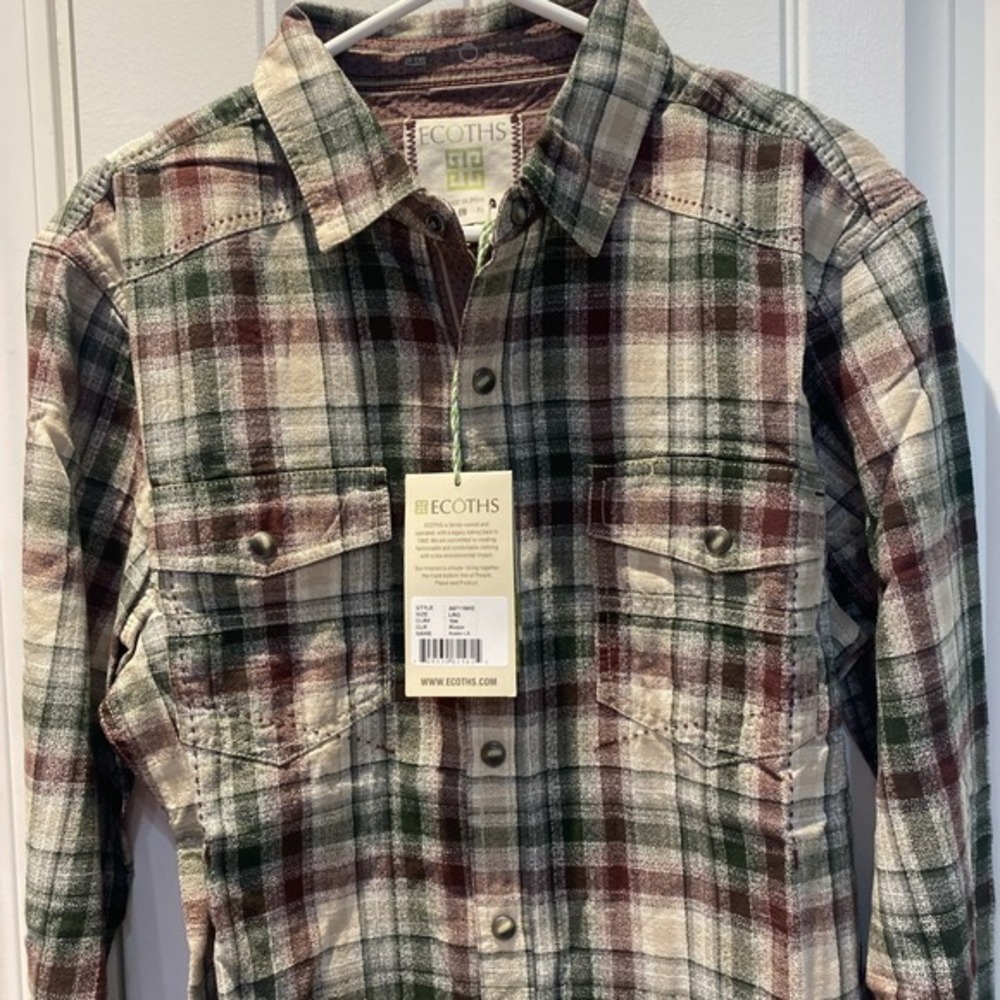 Ecoths Kaden LS Flannel Shirt Men's Large‎ Organic Cotton Plaid Snap Button 3763